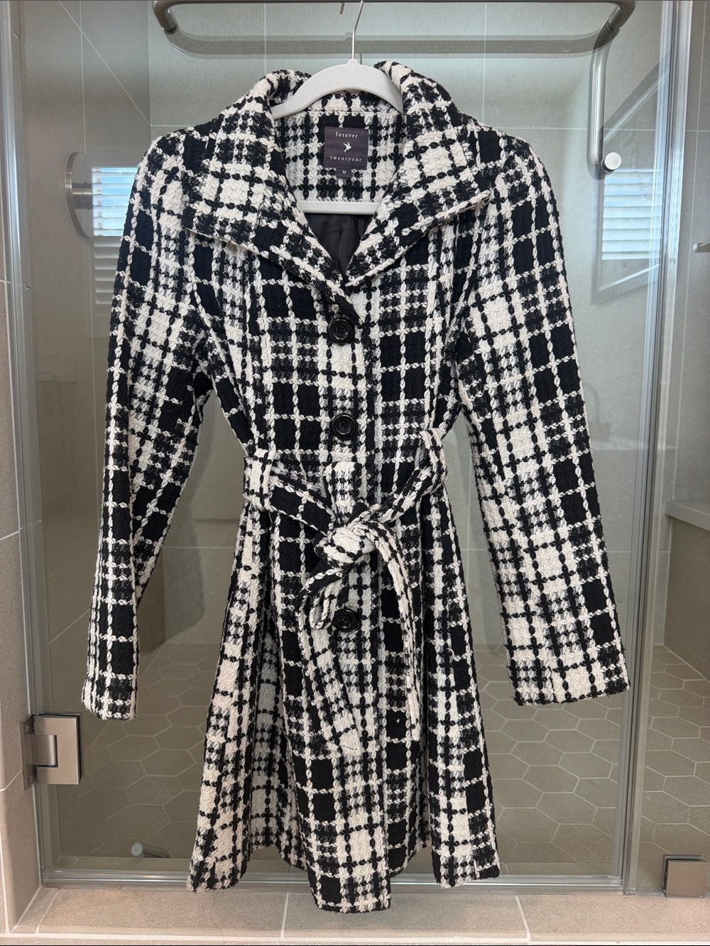 Forever 21 Black and White Plaid Belted Long Sleeve Tweed Dress Coat